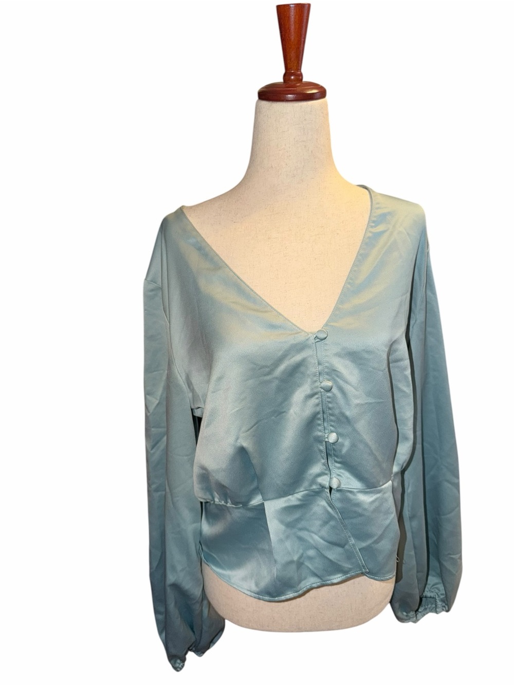 Topshop Satin Blue Peplum Blouse US 10 Long Sleeve Feminine Top